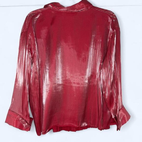 Vintage Milano Metallic Pink Crinkle Button Down Blouse XL Y2K Glam Party Top - Picture 4 of 10